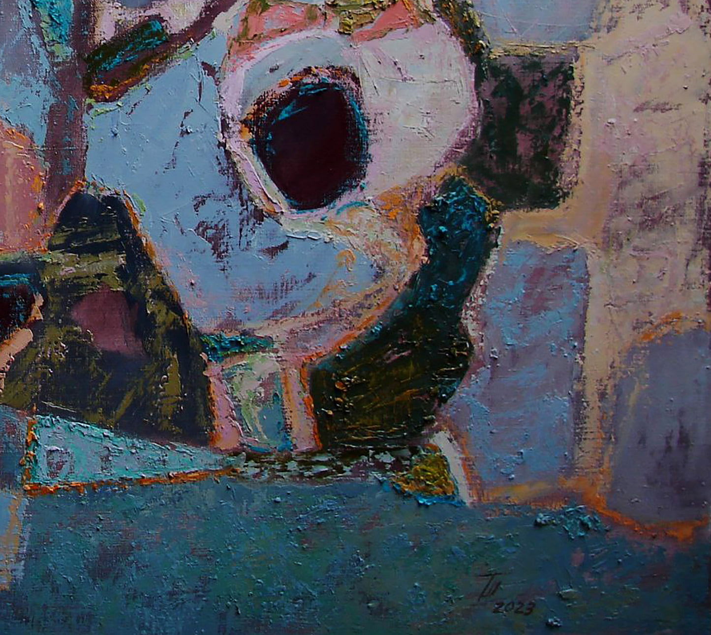 Quiet Meditation oil painting by Tatyana Shulyak, abstract blue pink green white textures