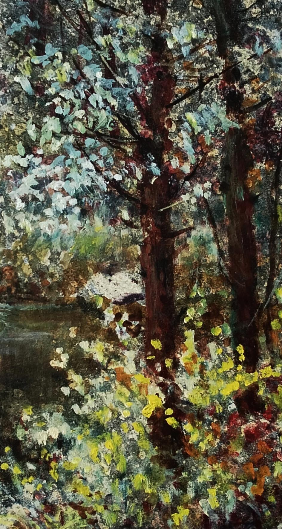 Textured impressionist oil painting of trees undressing in wind by Vitaly Duhnevich