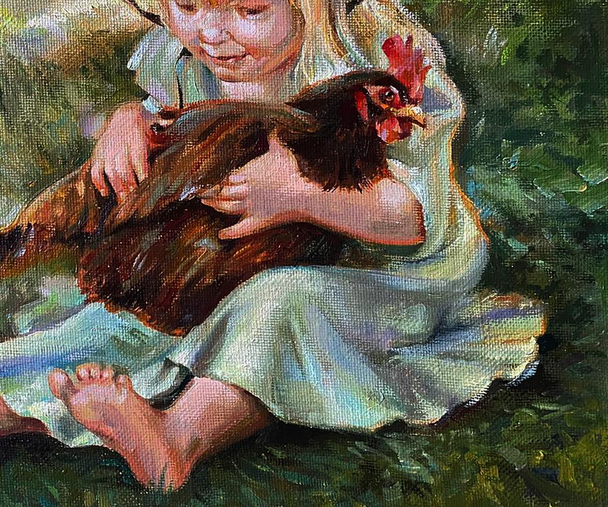 Oil painting Favorite Chicken by Natalia Bulat: girl cradling hen
