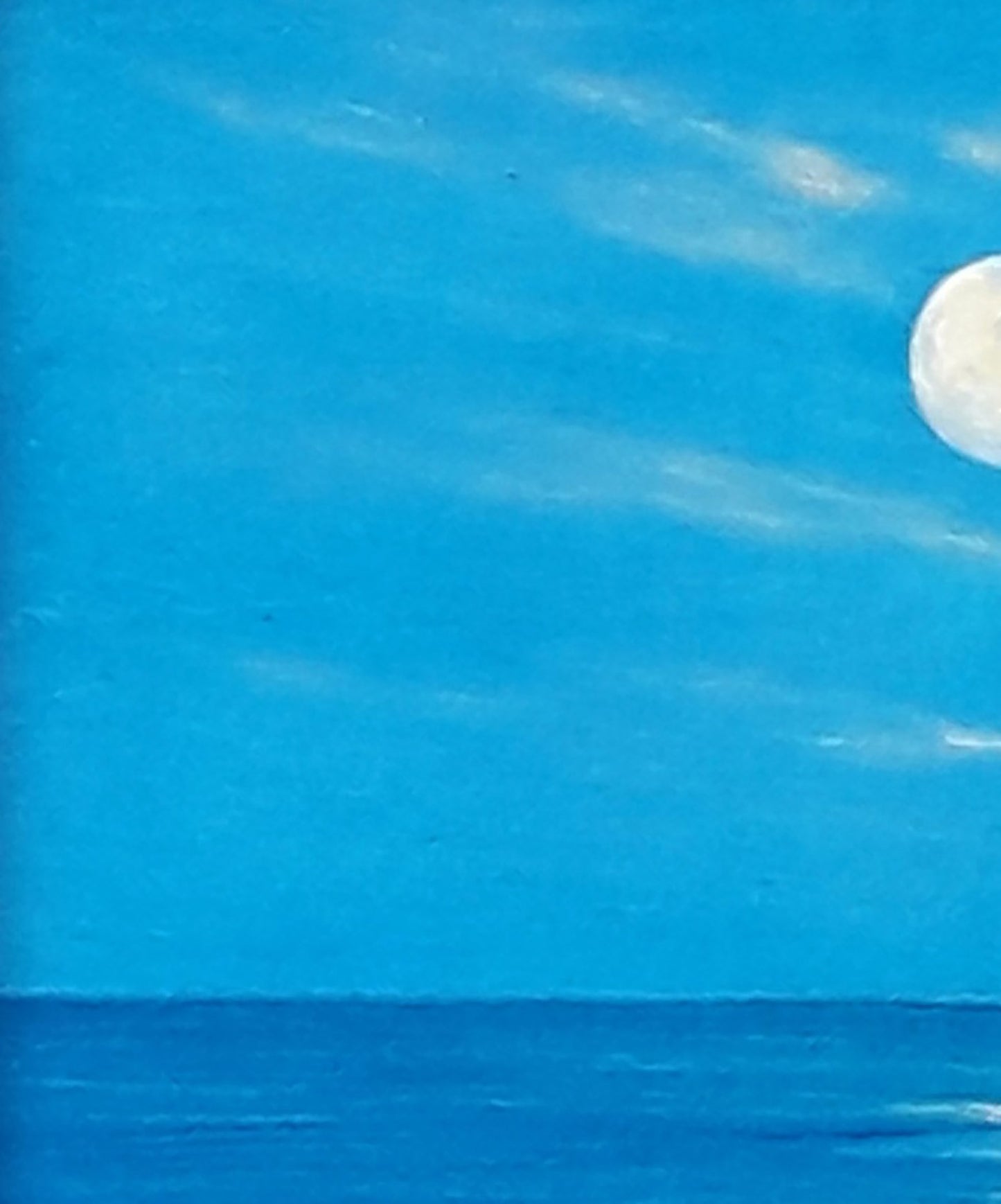 Oil painting Light of a New Day by Vasily Korkishko: serene ocean and vibrant moonlit sky