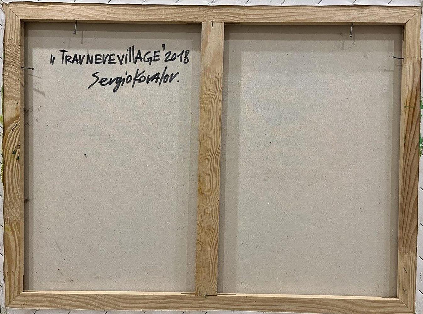 Back of wooden-framed canvas Travneve Village 2018 by Sergei Kovalov