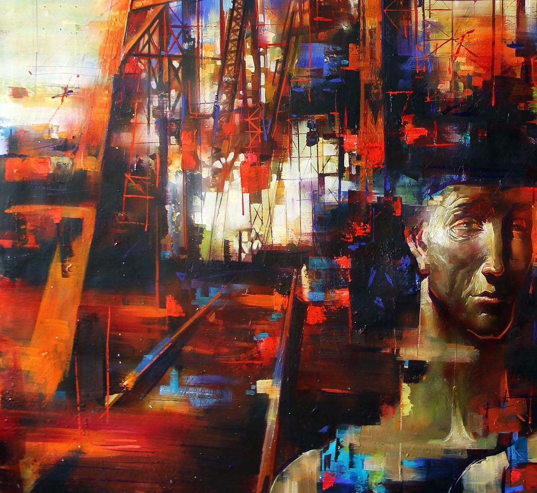 Oil painting Industrial motif Alexander Dobrodiy: abstract face on scaffolding