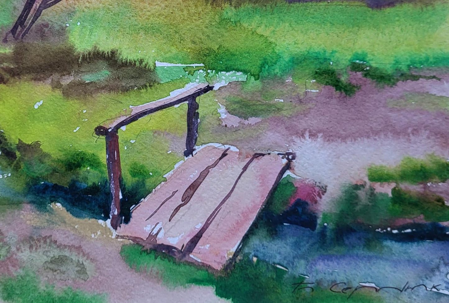 Watercolor painting of rustic wooden bridge over stream by Boris Serdyuk