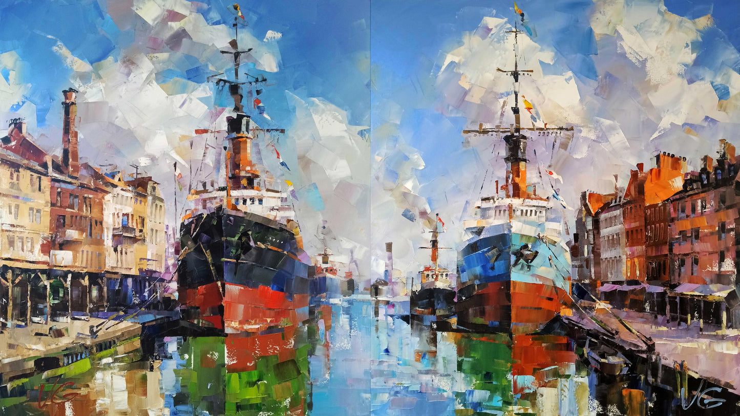 Vibrant impressionistic oil painting of ships in harbor by Volodymyr Gluhomanyuk