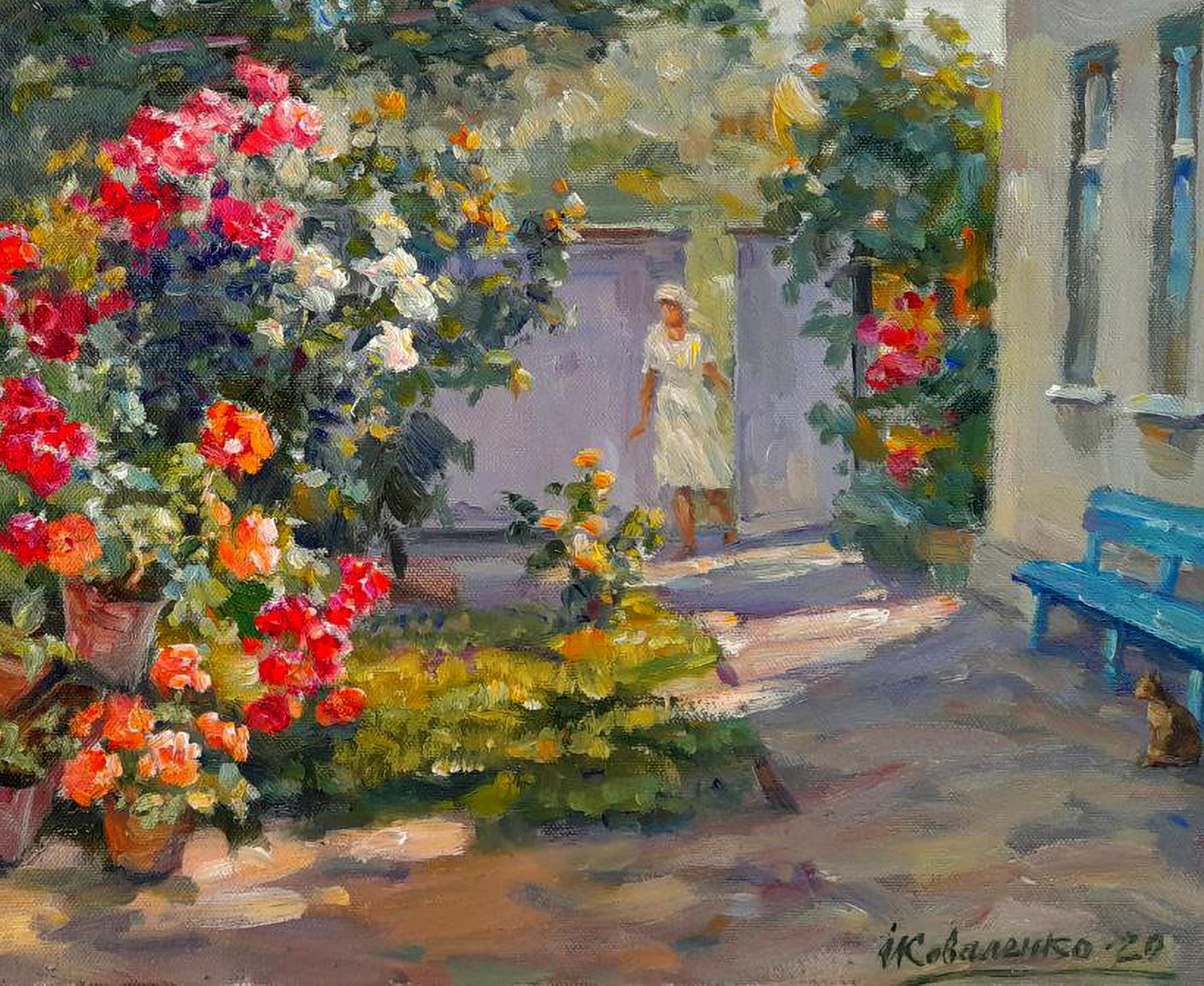 Vibrant impressionistic oil painting Under the arch of peace by Ivan Kovalenko with lush roses