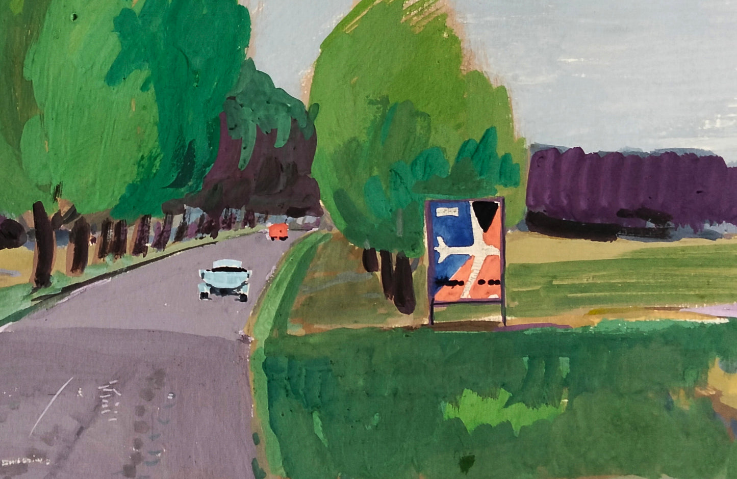 Colorful gouache painting Road to travel Vitaly Duhnevich airplane ad sign