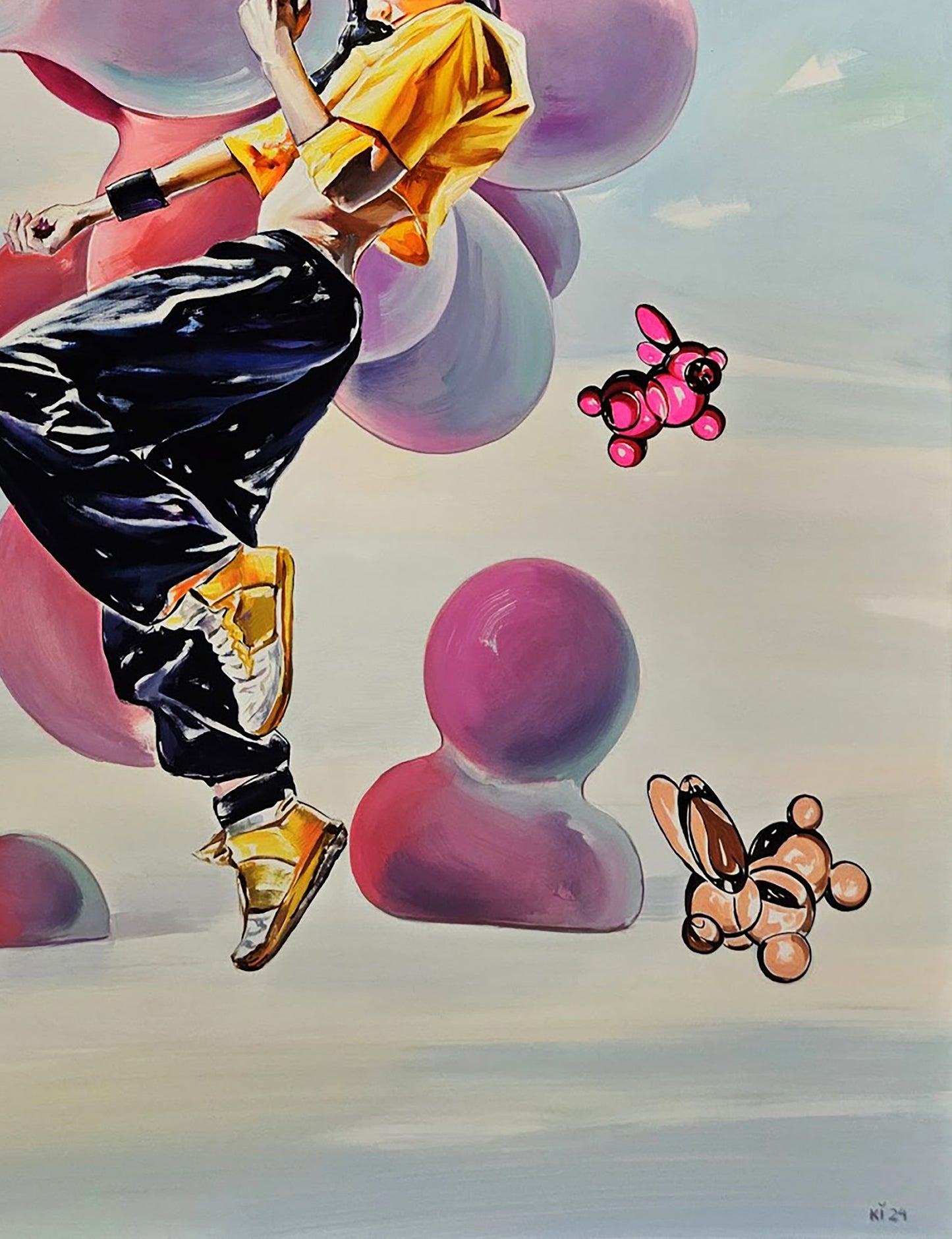 Vibrant oil painting of TikTok girl dancing in yellow black leaping among pastel balloons by Igor Konovalov