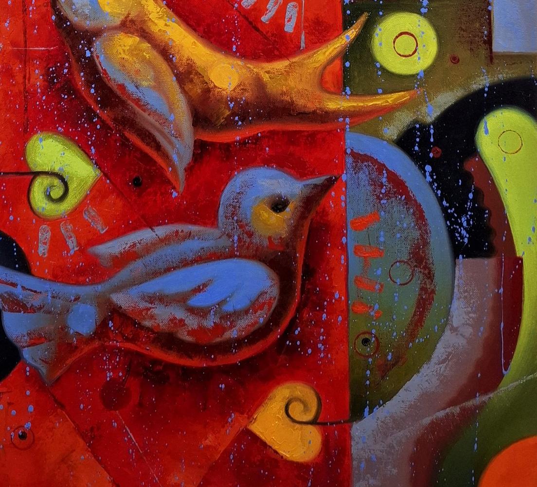 Vibrant oil painting Birds of a loving heart by Sergiy Voichenko, blue gold birds on red