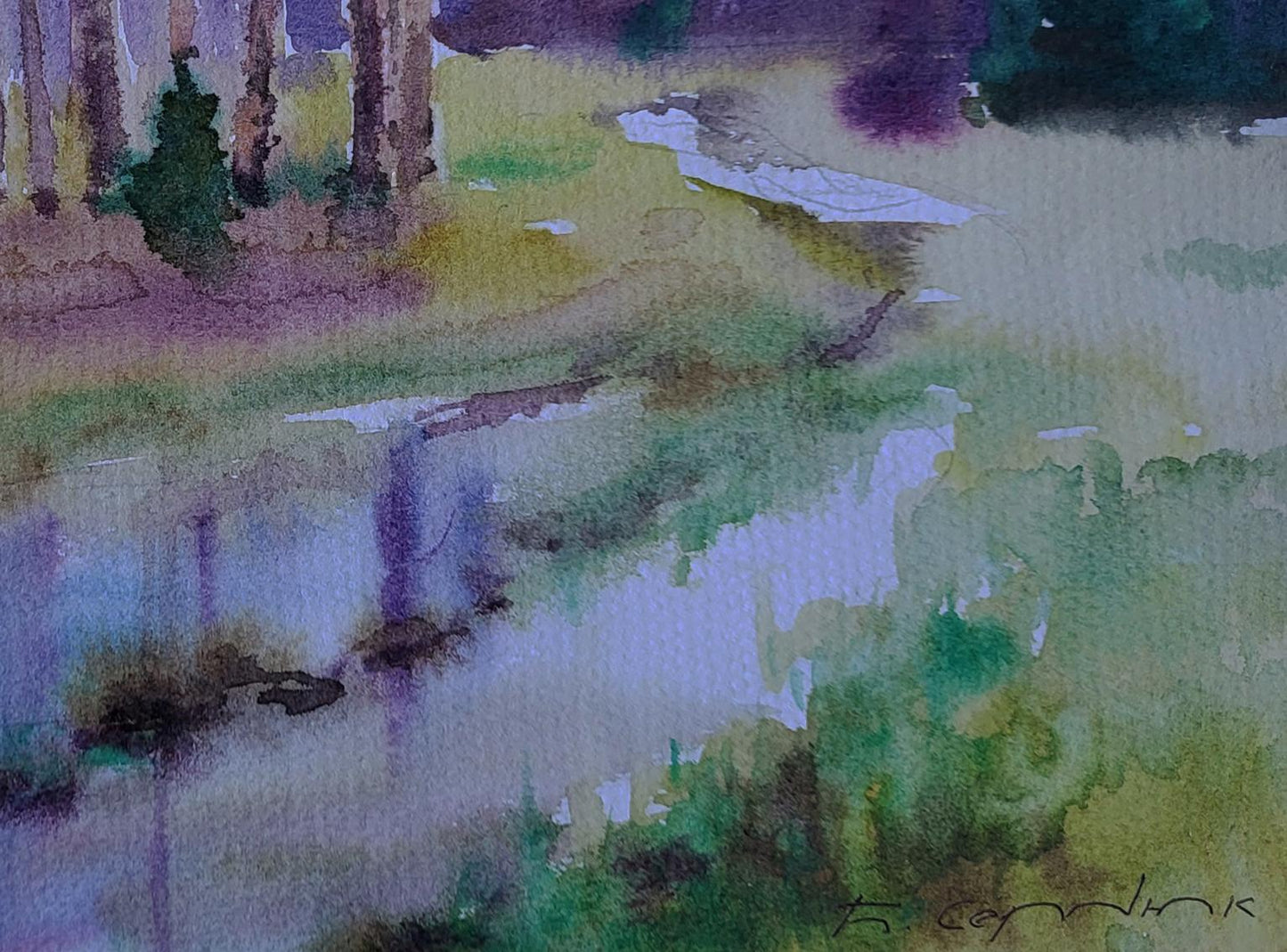 Watercolor painting Spring Awakens by Boris Serdyuk serene forest stream
