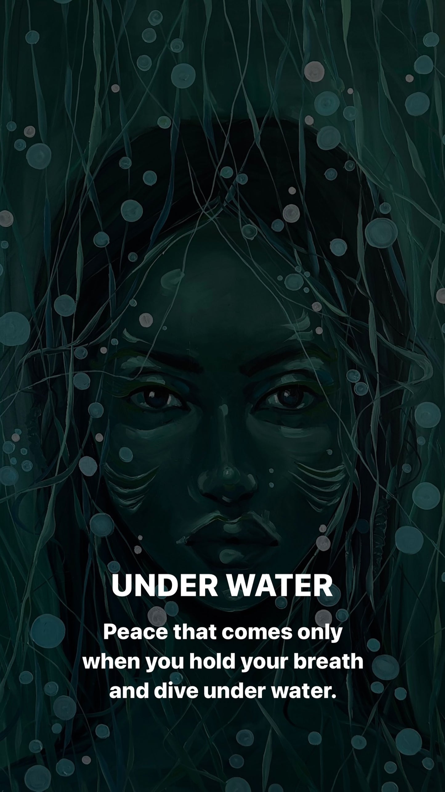 Dark teal oil painting Underwater Victoria Kagalovska with womans face in bubbles