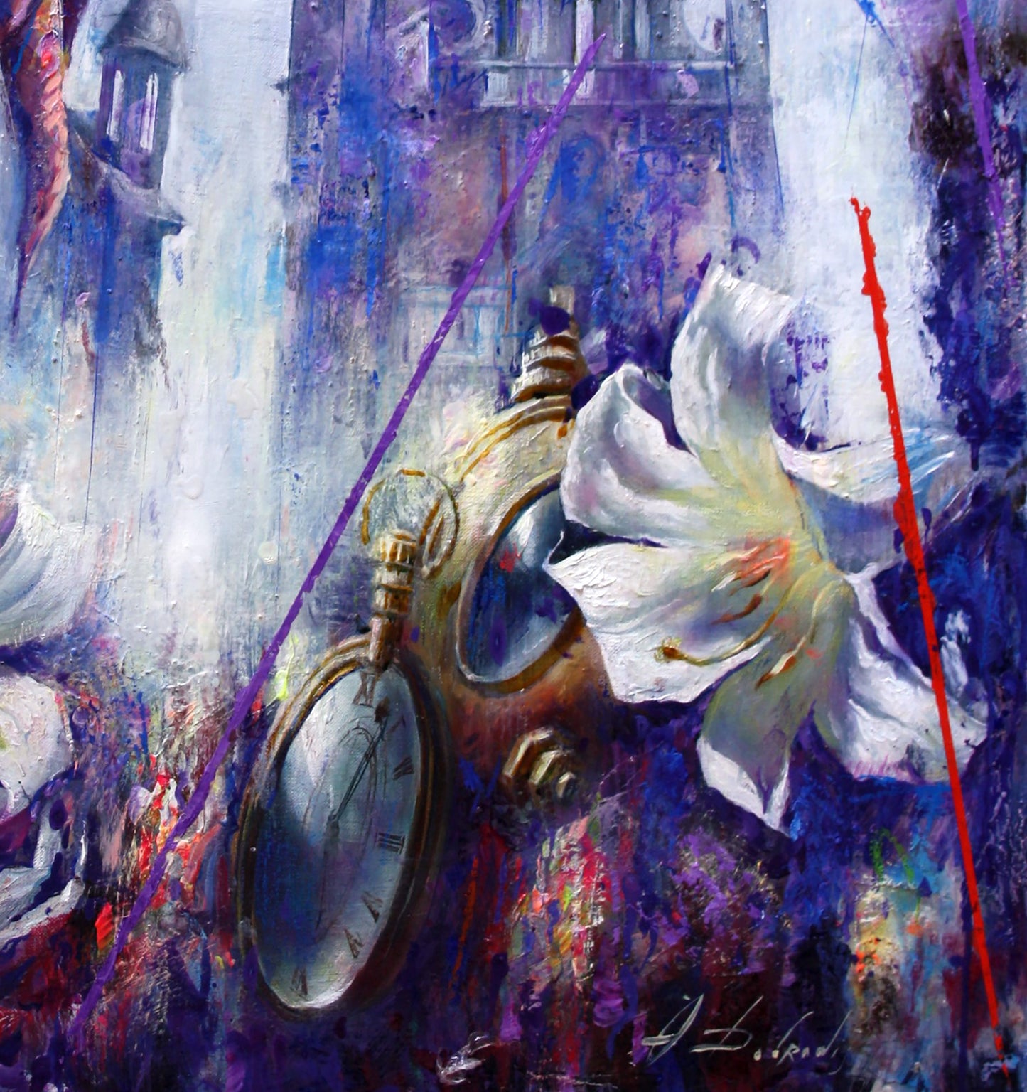 Golden pocket watch with silver face and lily in Tales of the Old Town oil painting by Alexander Dobrodiy