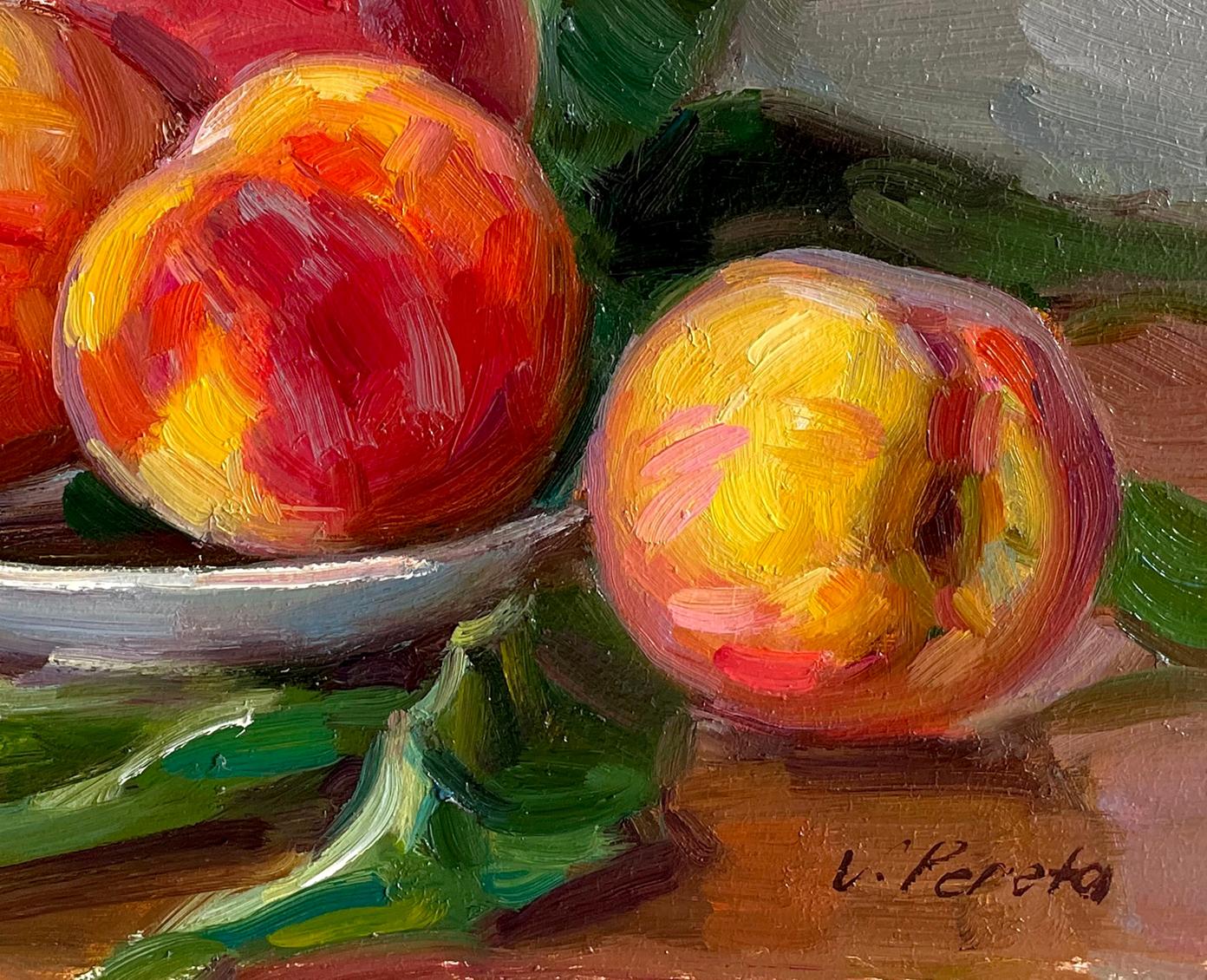 Oil painting of vibrant orange red peaches in white bowl by Vyacheslav Pereta