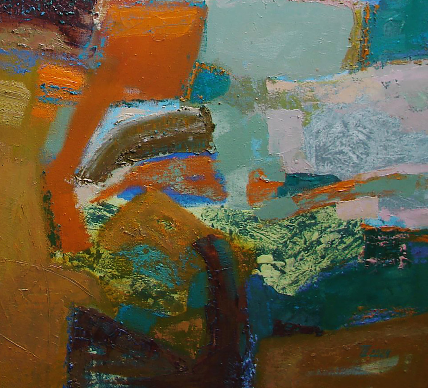 Abstract oil painting by Tatyana Shulyak in mint geometric colors