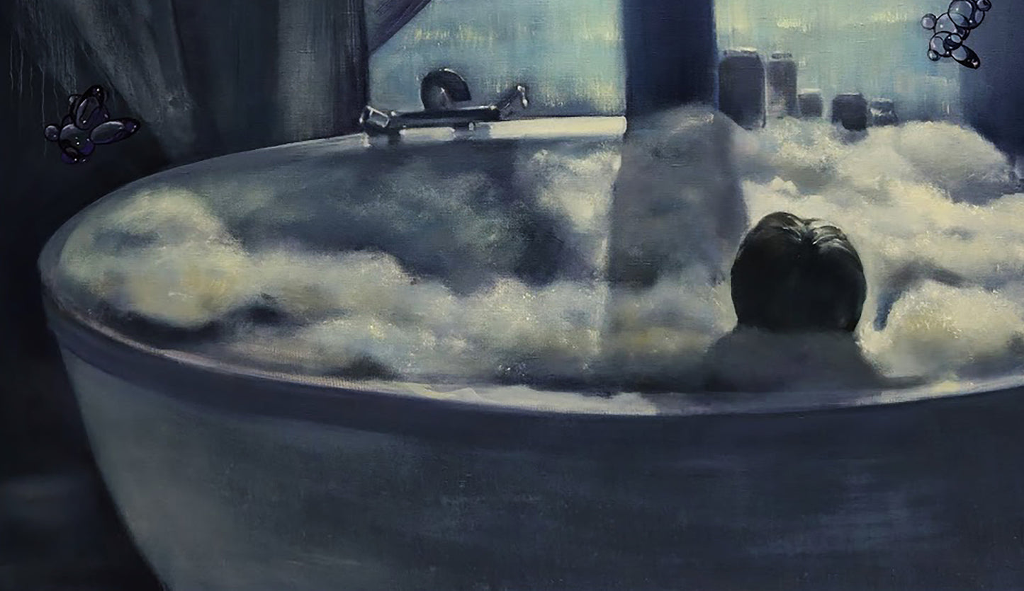 Oil painting by Igor Konovalov of white oval bathtub with frothy bubbles