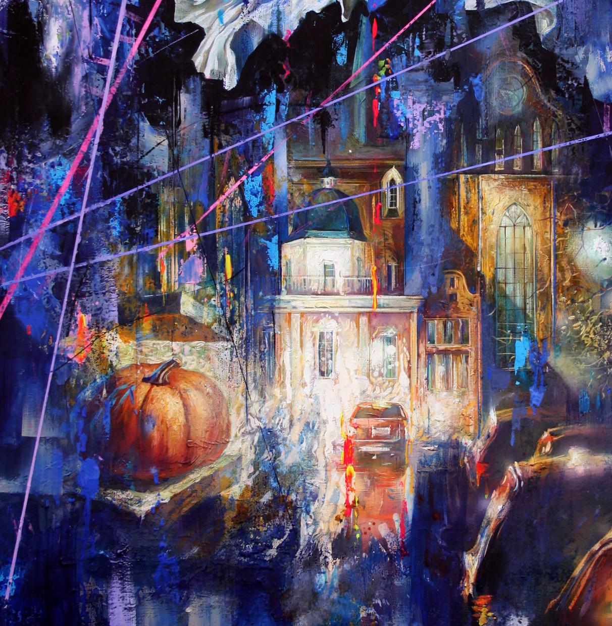 Oil painting Night on the Town by Alexander Dobrodiy: orange pumpkin and architecture