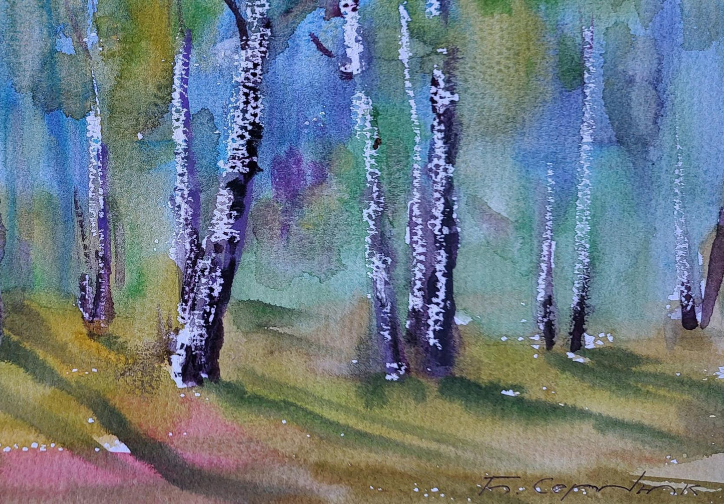 Watercolor painting Spring in the birches by Boris Serdyuk