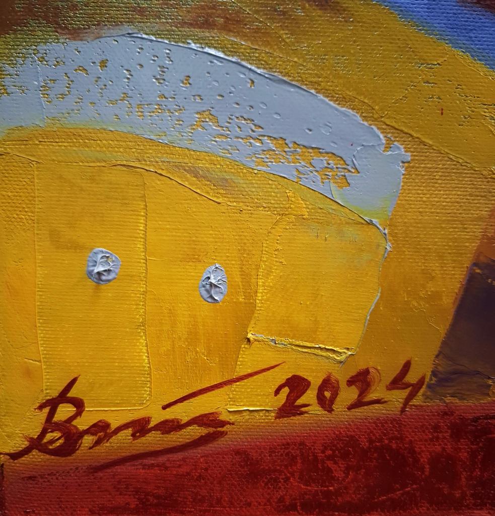 Oil painting In the Arena by Sergiy Voichenko vibrant yellow impasto with silver accents