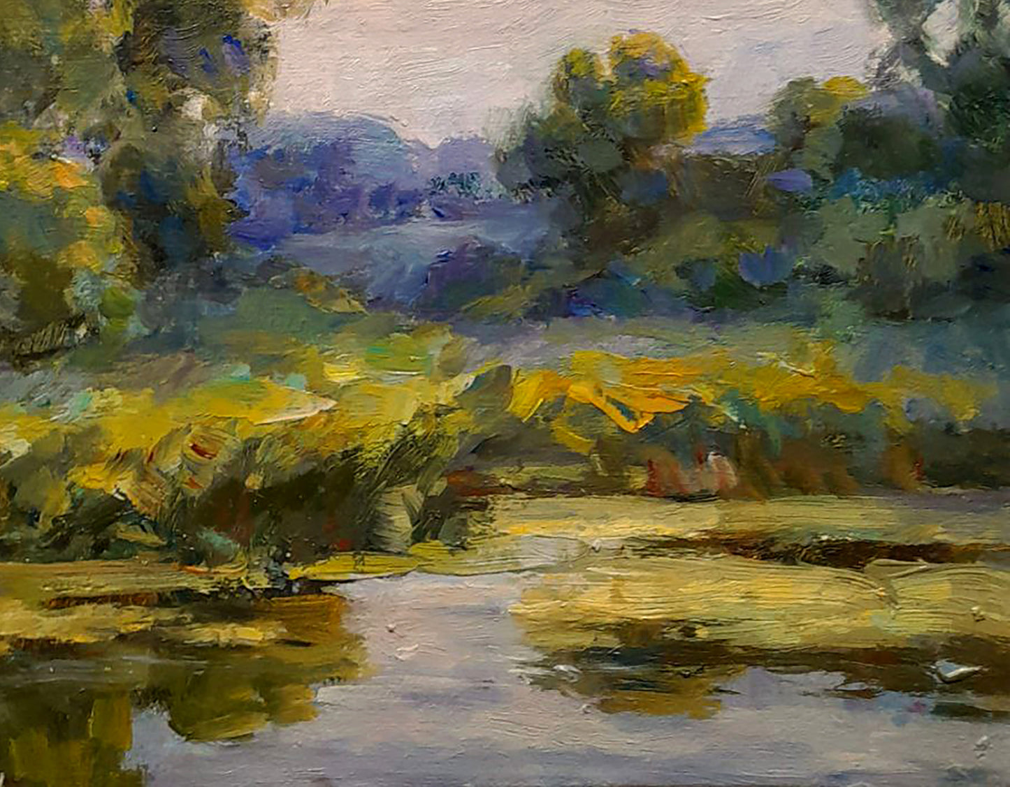 Oil painting Walking by the river by Ivan Kovalenko, vibrant impressionist landscape