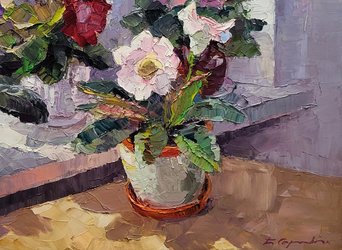 Oil painting of white pink Gloxinia flower in textured light gray ceramic pot with orange rim by Boris Serdyuk