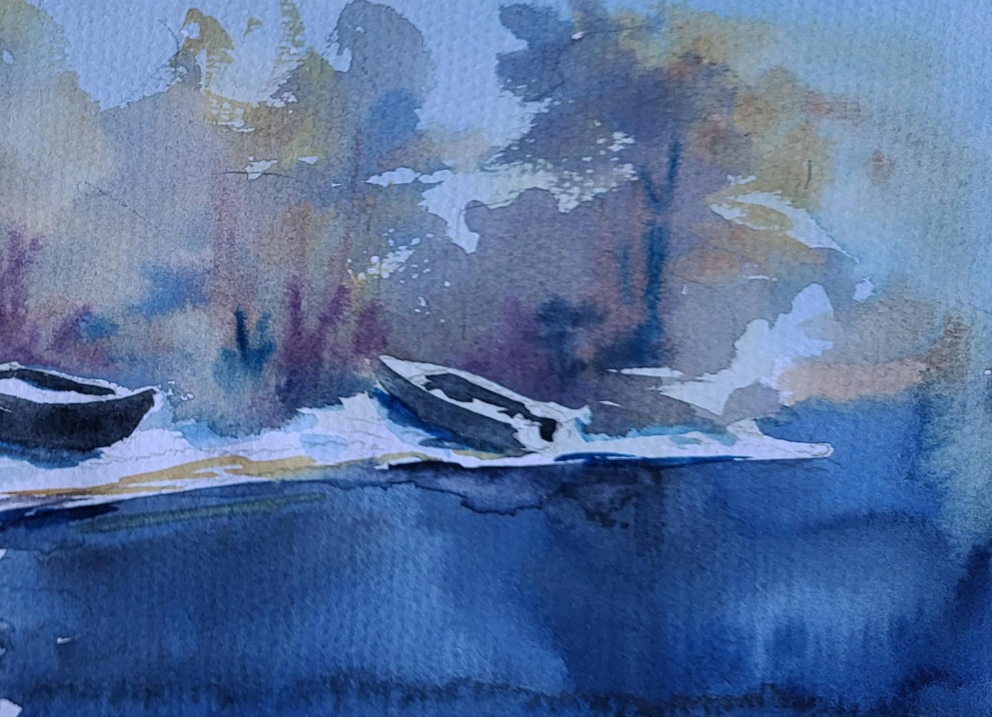 Watercolor painting of snowy morning light by Boris Serdyuk with boats
