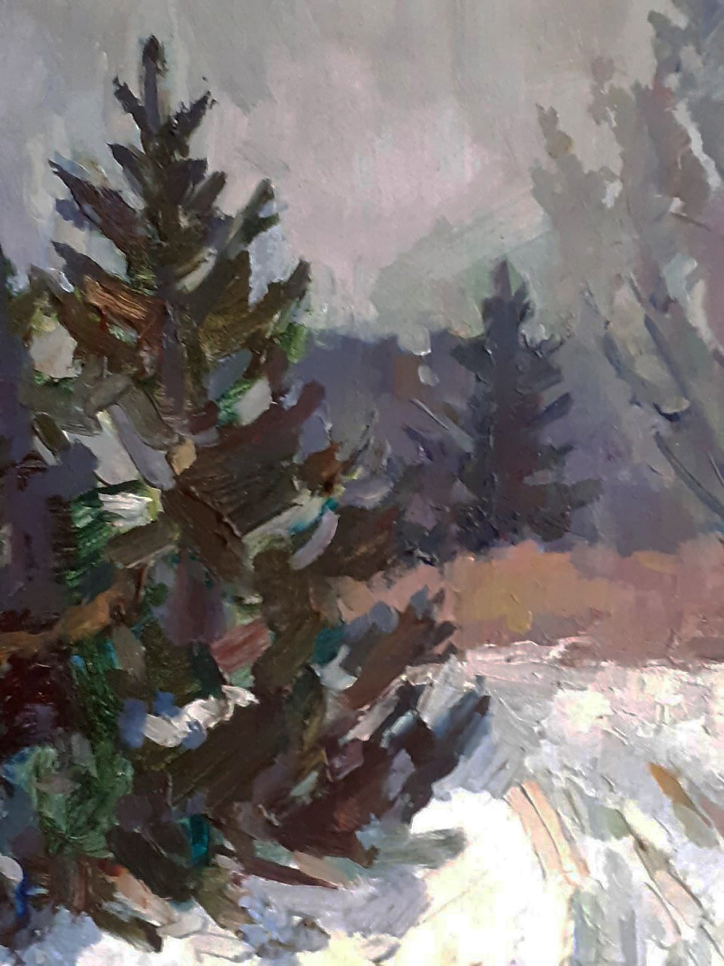 Oil painting by Peter Dobrev of snow-dusted evergreen Christmas tree