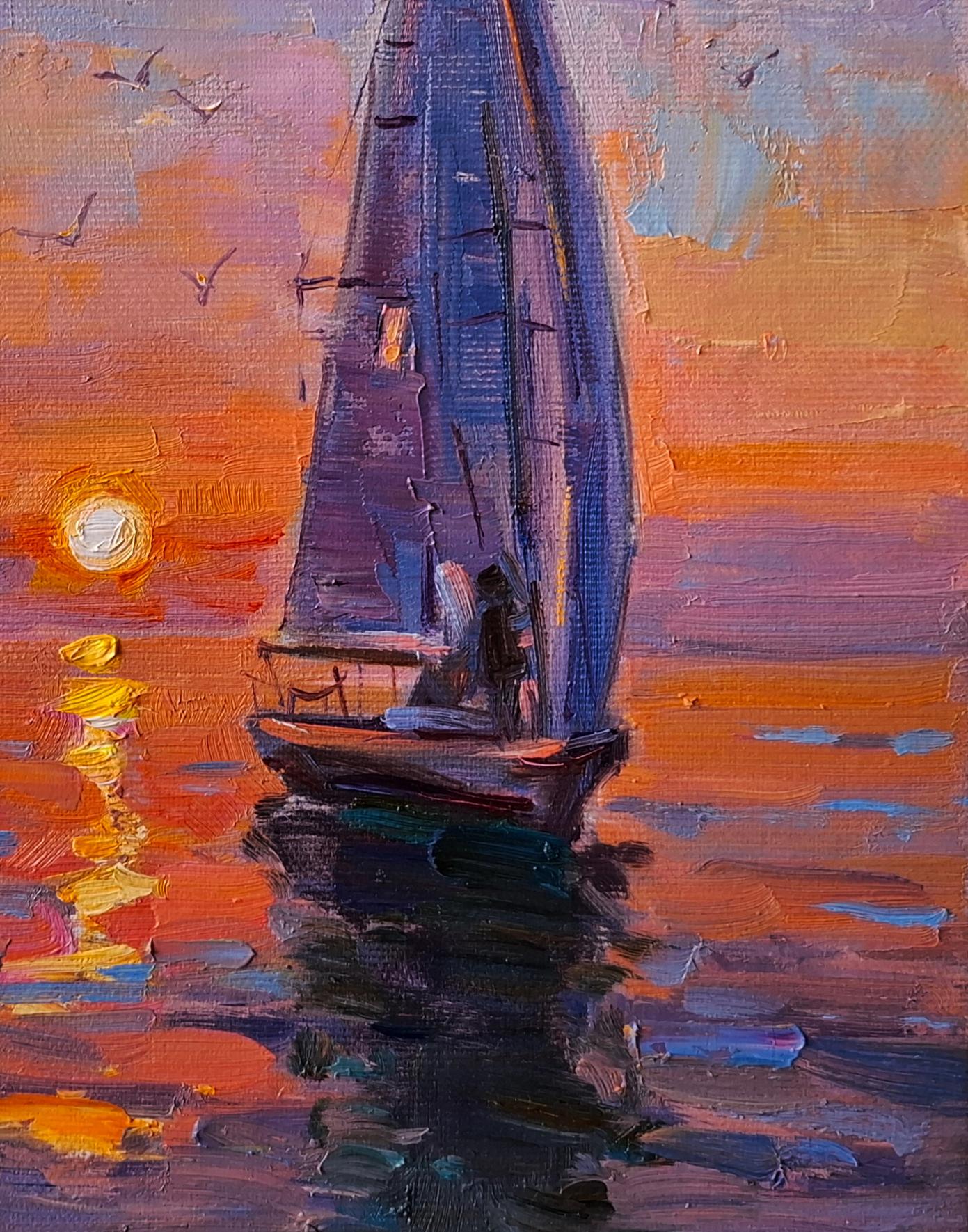 Oil painting Evening at Sea by Vyacheslav Pereta: sailboat in sunset