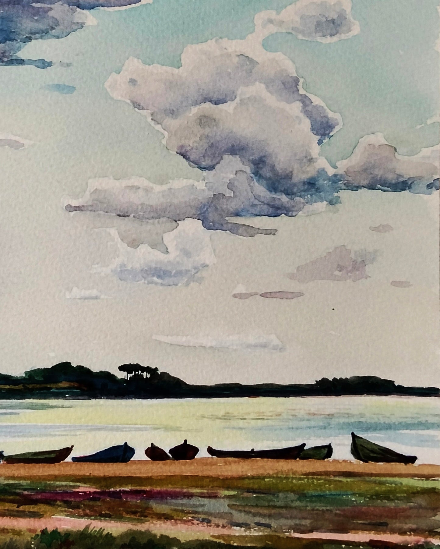 Watercolor painting of boats on shore by Vitaly Duhnevich