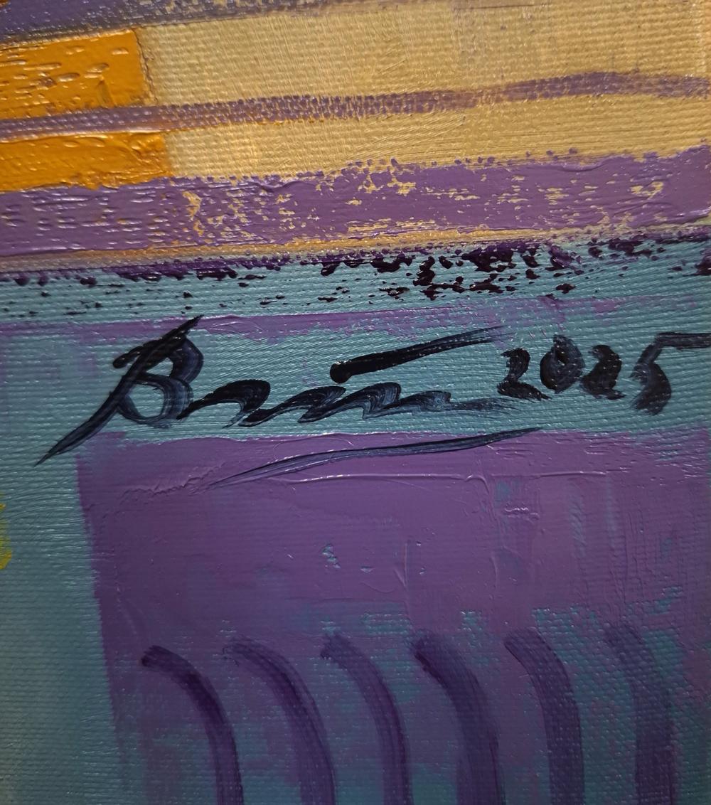 Signed abstract oil painting by Sergiy Voichenko with purple yellow teal stripes