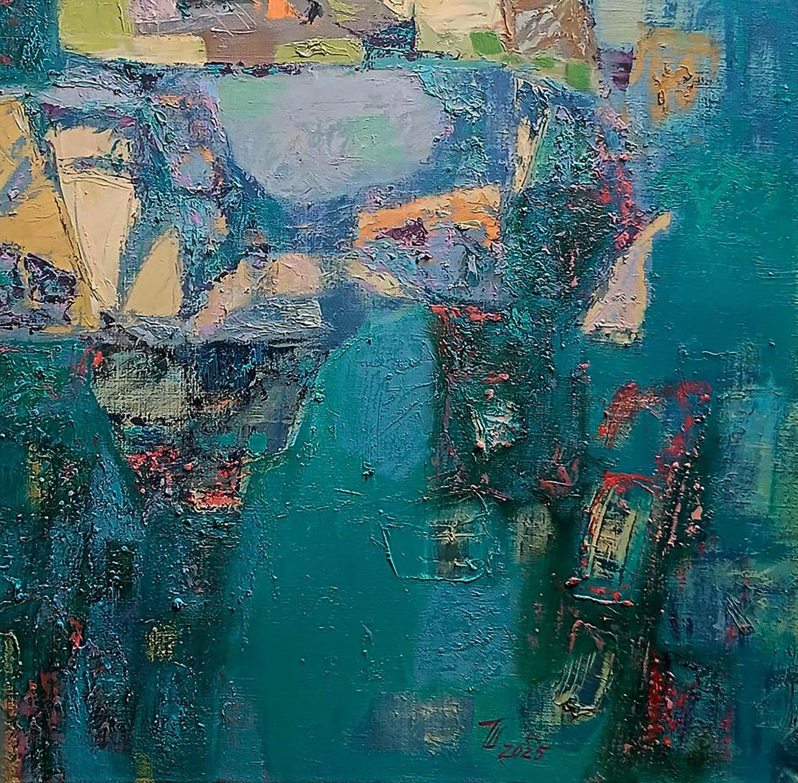 Oil painting Island of Freedom by Tatyana Shulyak in teal blue ochre