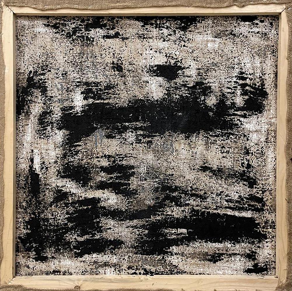 Abstract black and white textured oil painting Super romance Serhiy Kovalev in rustic wooden frame
