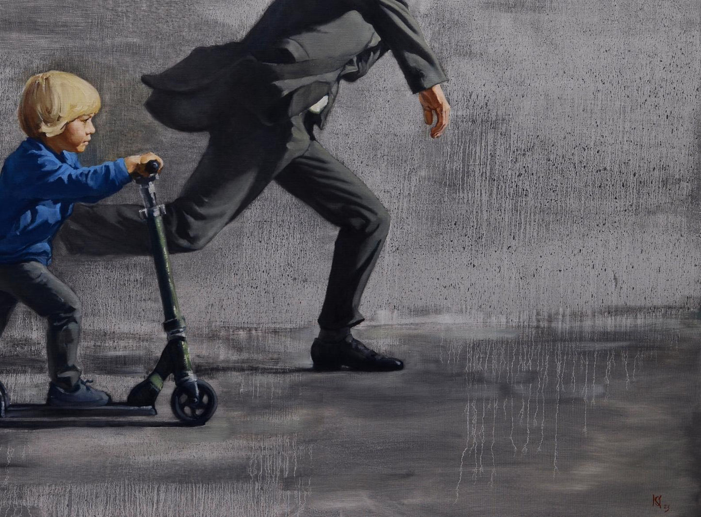Oil painting Chasing the rain by Oleg Kateryniuk on black scooter