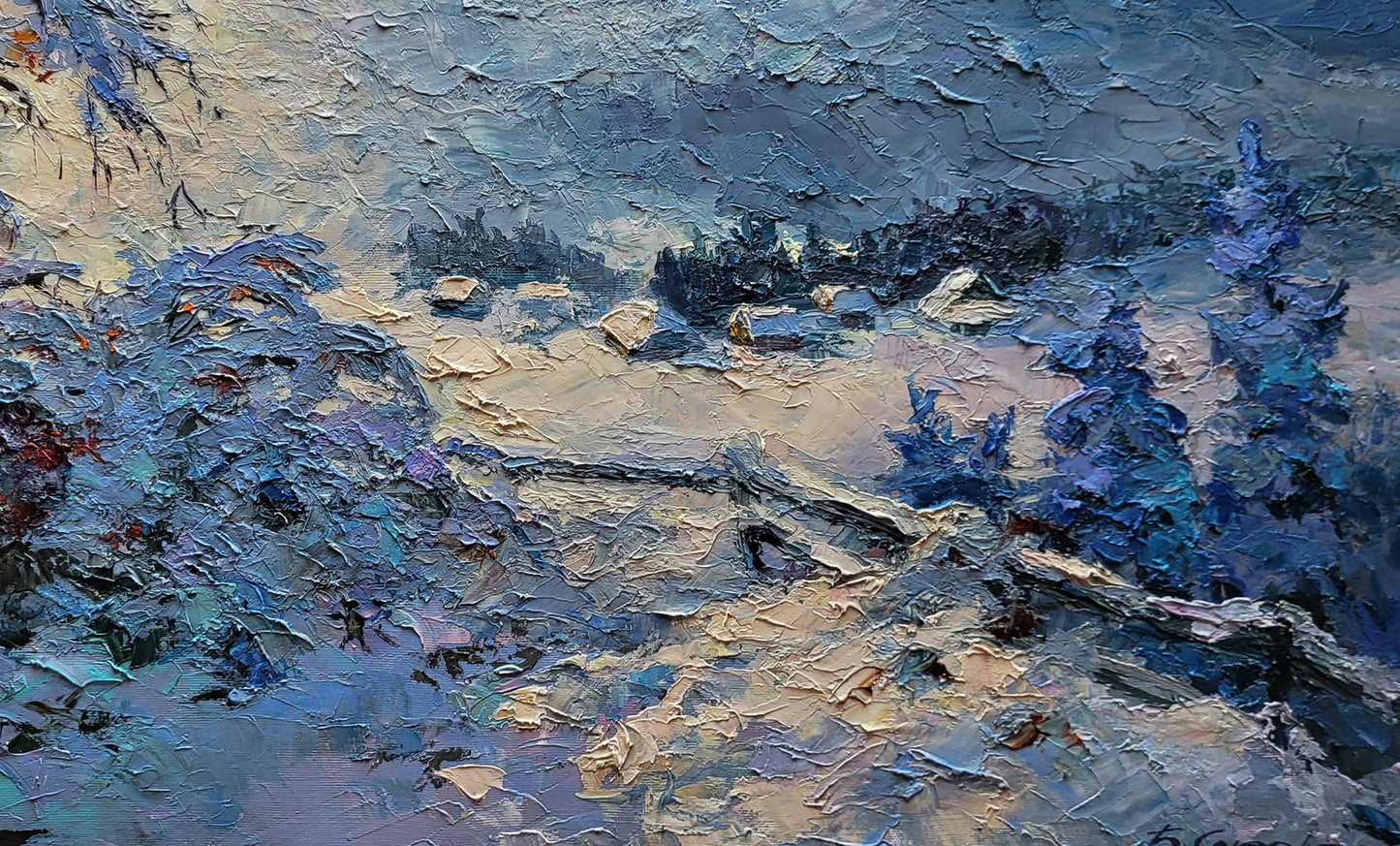 Textured impressionist oil painting of Boris Serdyuk winter mountains snowy landscape