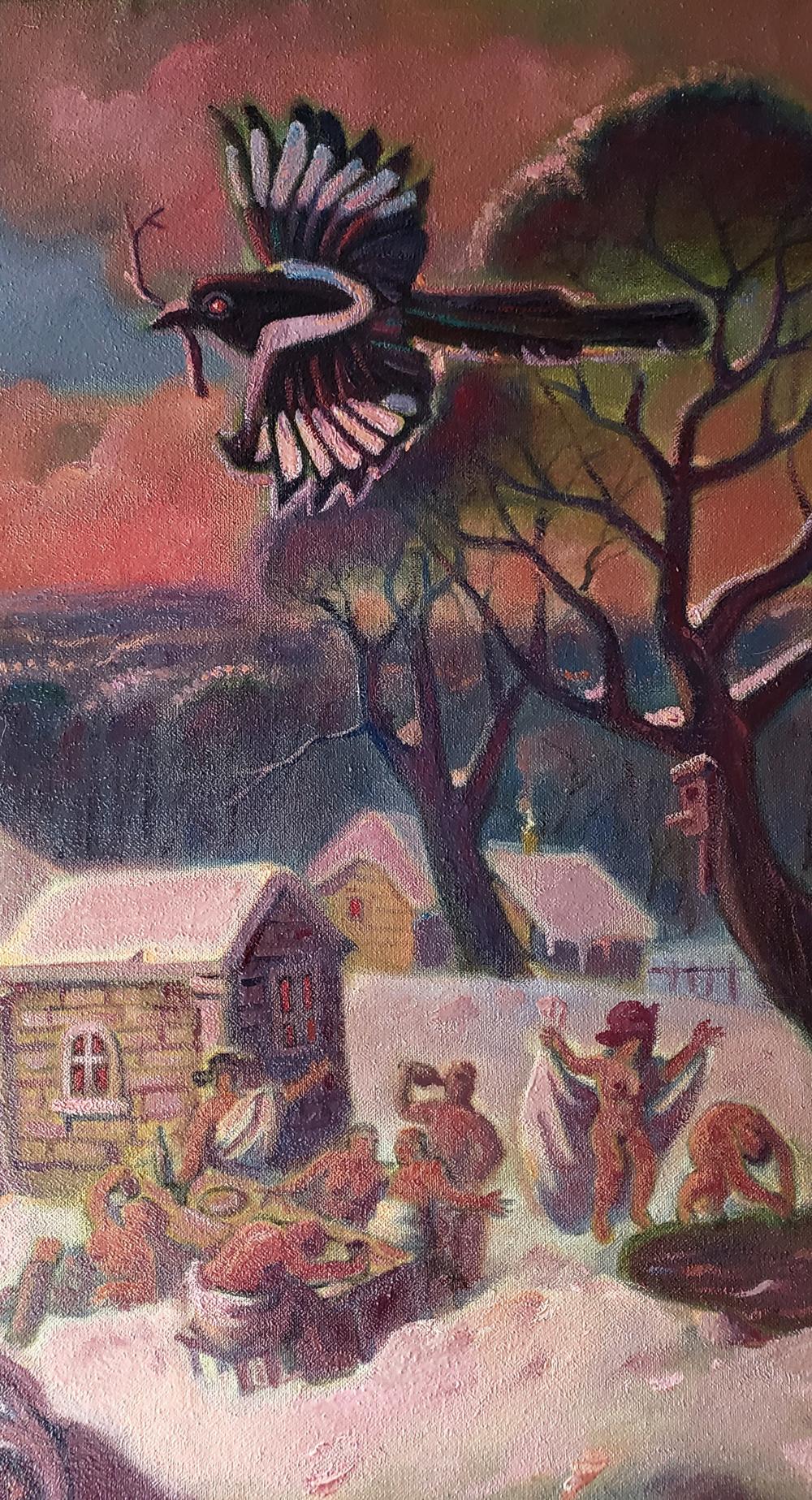 Stylized black-and-white magpie soaring over snowy village in Daniil Litvinov oil painting