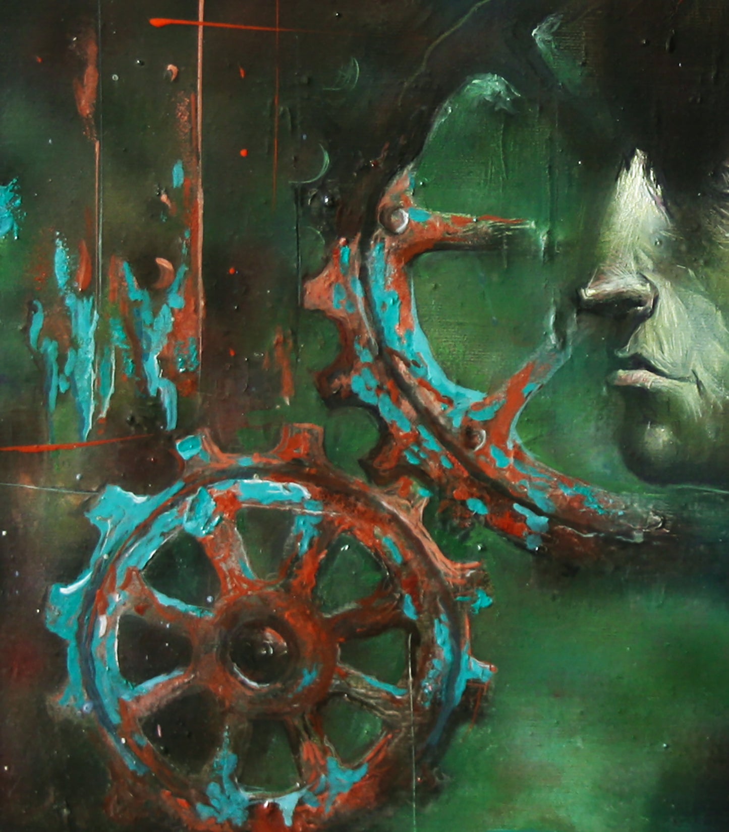 Oil painting Mechanics by Alexander Dobrodiy: green face and rusted gears