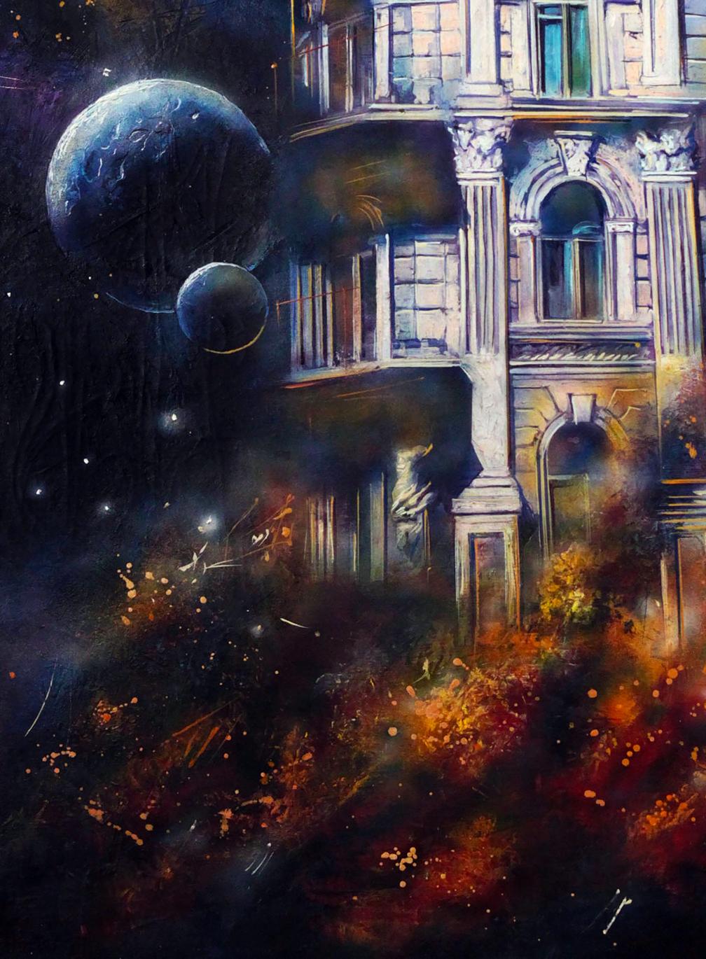 Oil painting Evening city by Alexander Dobrodiy: ornate building in cosmic scene