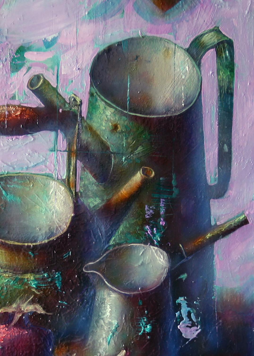 Oil painting of greenish rusty metallic watering can by Alexander Dobrodiy