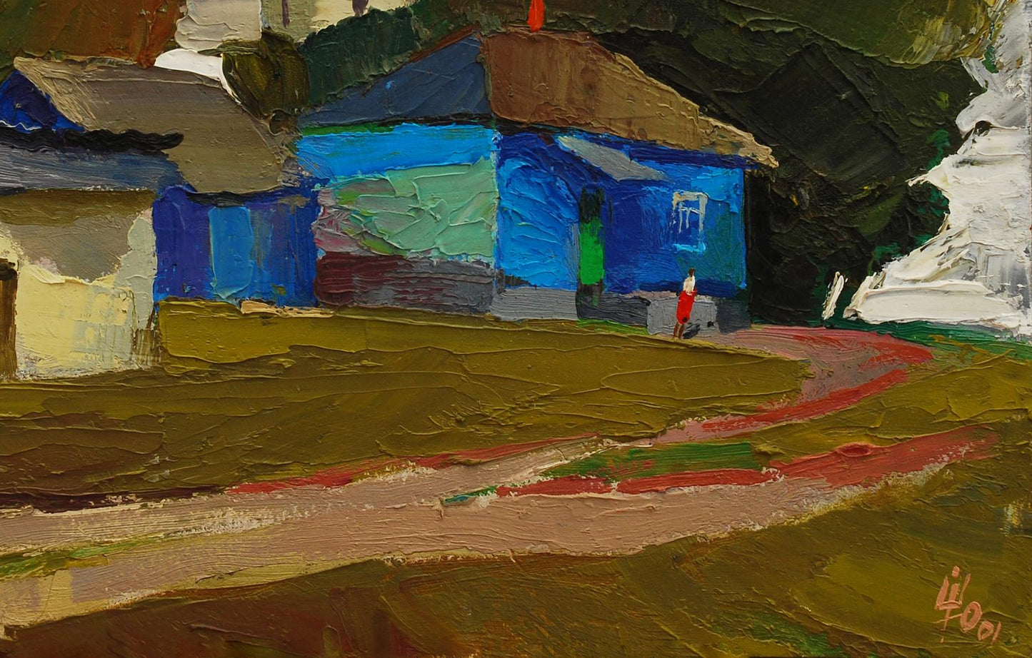 Oil painting of blue house with brown roof, green accents, gloomy gray sky by Egor Shvachunov