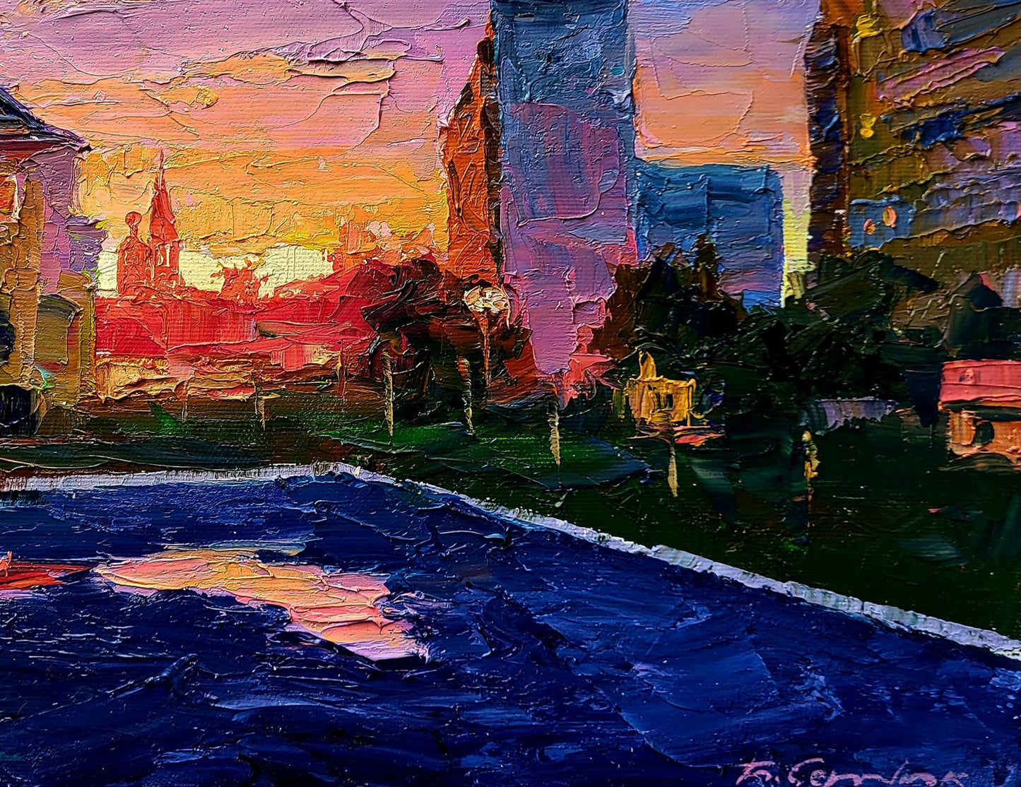 Vibrant impressionist oil painting of city orange sunset by Boris Serdyuk