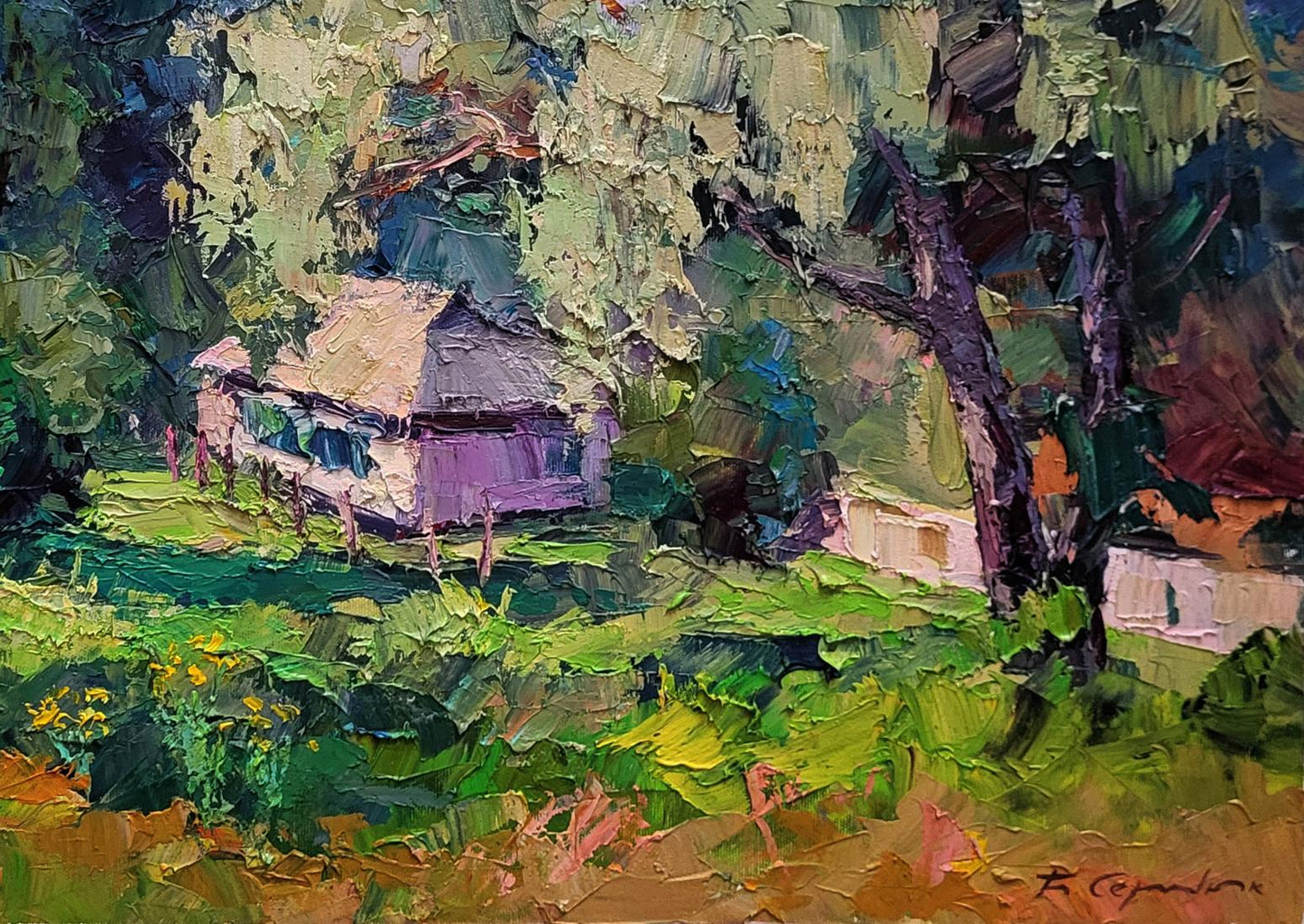 Oil painting of rustic purple house with thatched roof among greenery by Boris Serdyuk