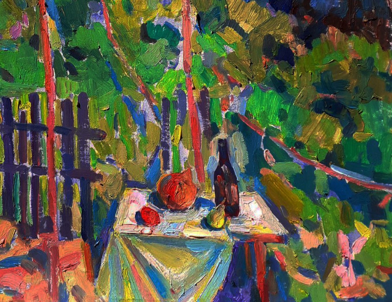 Oil painting In the garden by Pavel Dobrev: brown bottle, red pomegranate on green-blue background