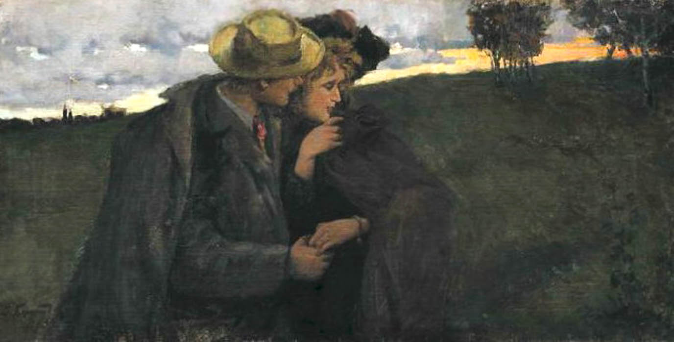 Rare Yuliy Bershadsky oil painting of man in yellow hat leaning toward woman in black cloak