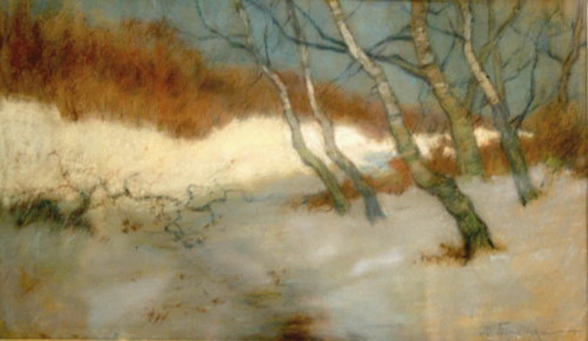 Yuliy Bershadsky impressionistic birch trees in snowy landscape painting