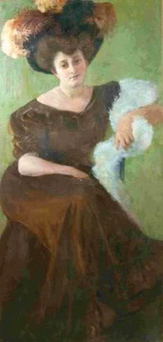 Museum-quality oil painting by Yuliy Bershadsky: woman in brown velvet gown and feathered hat