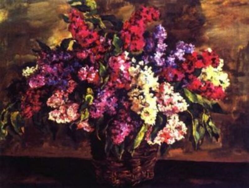 Vibrant lilacs in woven basket from Maria Raevska-Ivanova antique painting