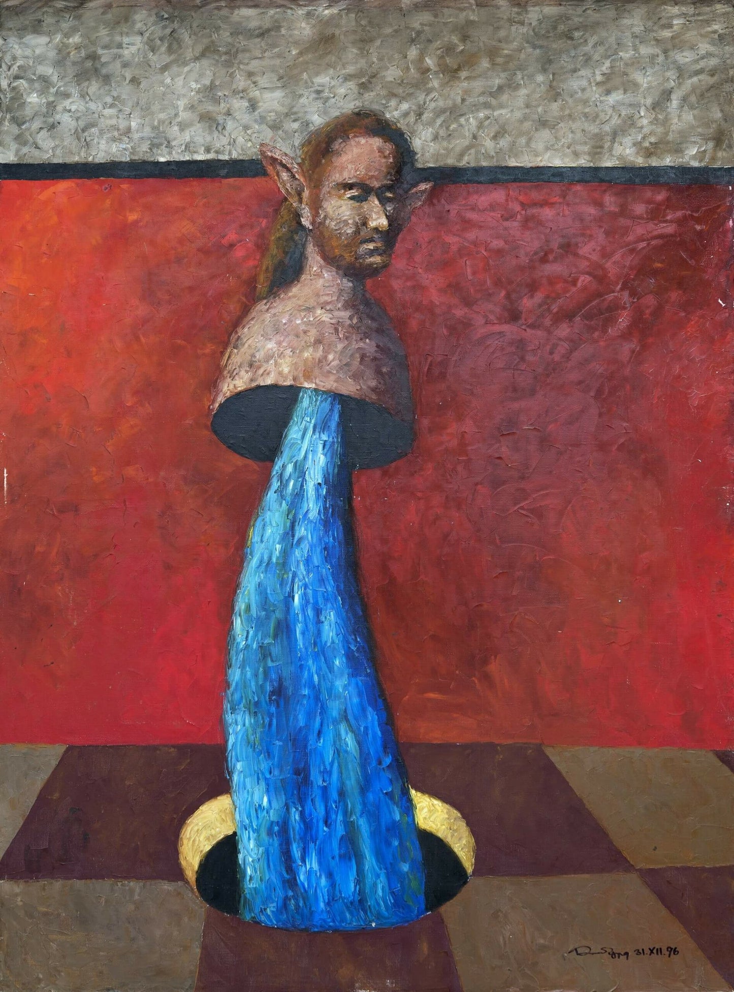 Surreal portrait by Alexander Roitburd: pointed ears figure from blue garment hole