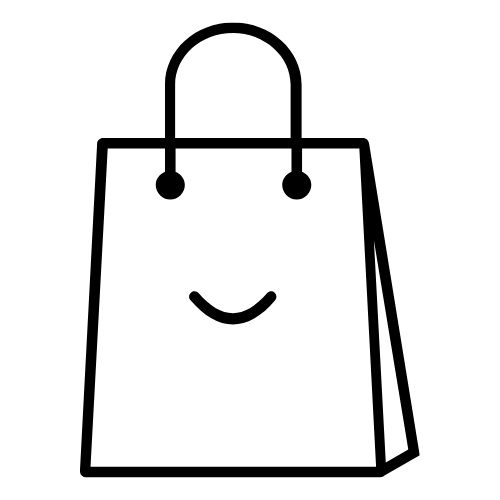 A simple black line drawing of a shopping bag with a smiling face.