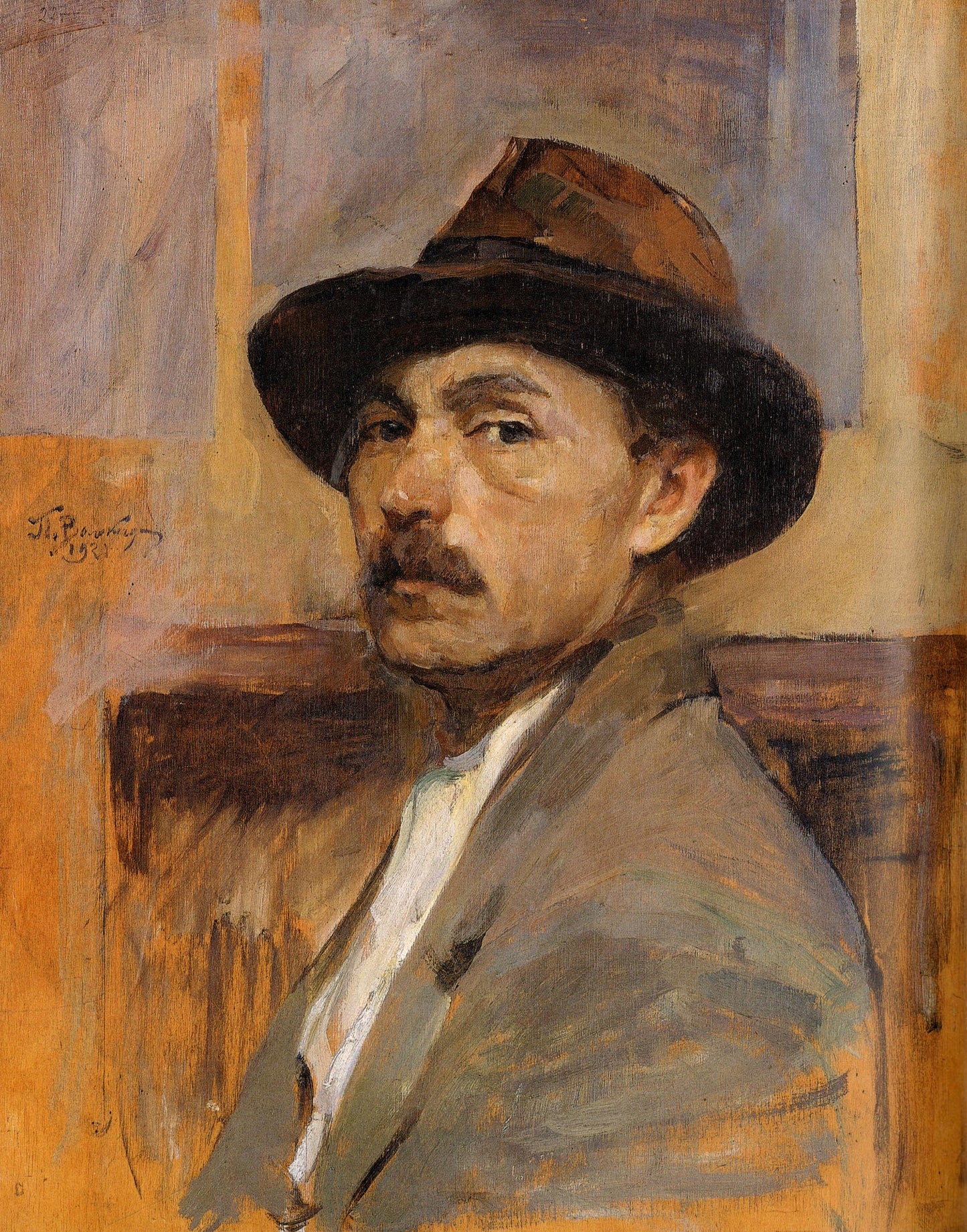 Man in brown fedora and gray suit in Pavlo Volokydin oil painting