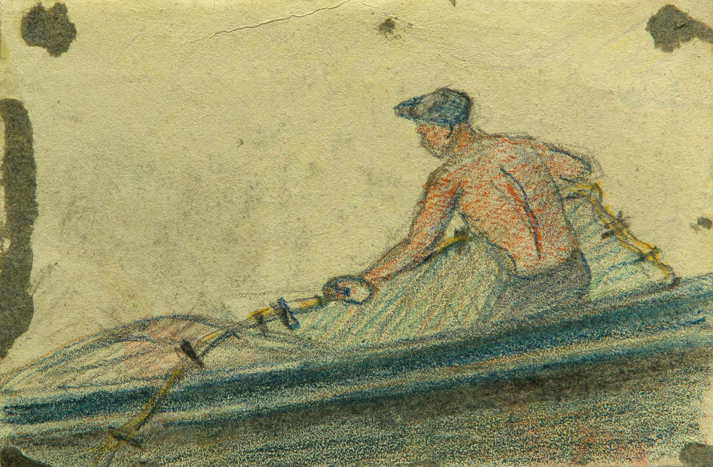 Watercolor sketch of shirtless man in blue cap rowing with yellow oars