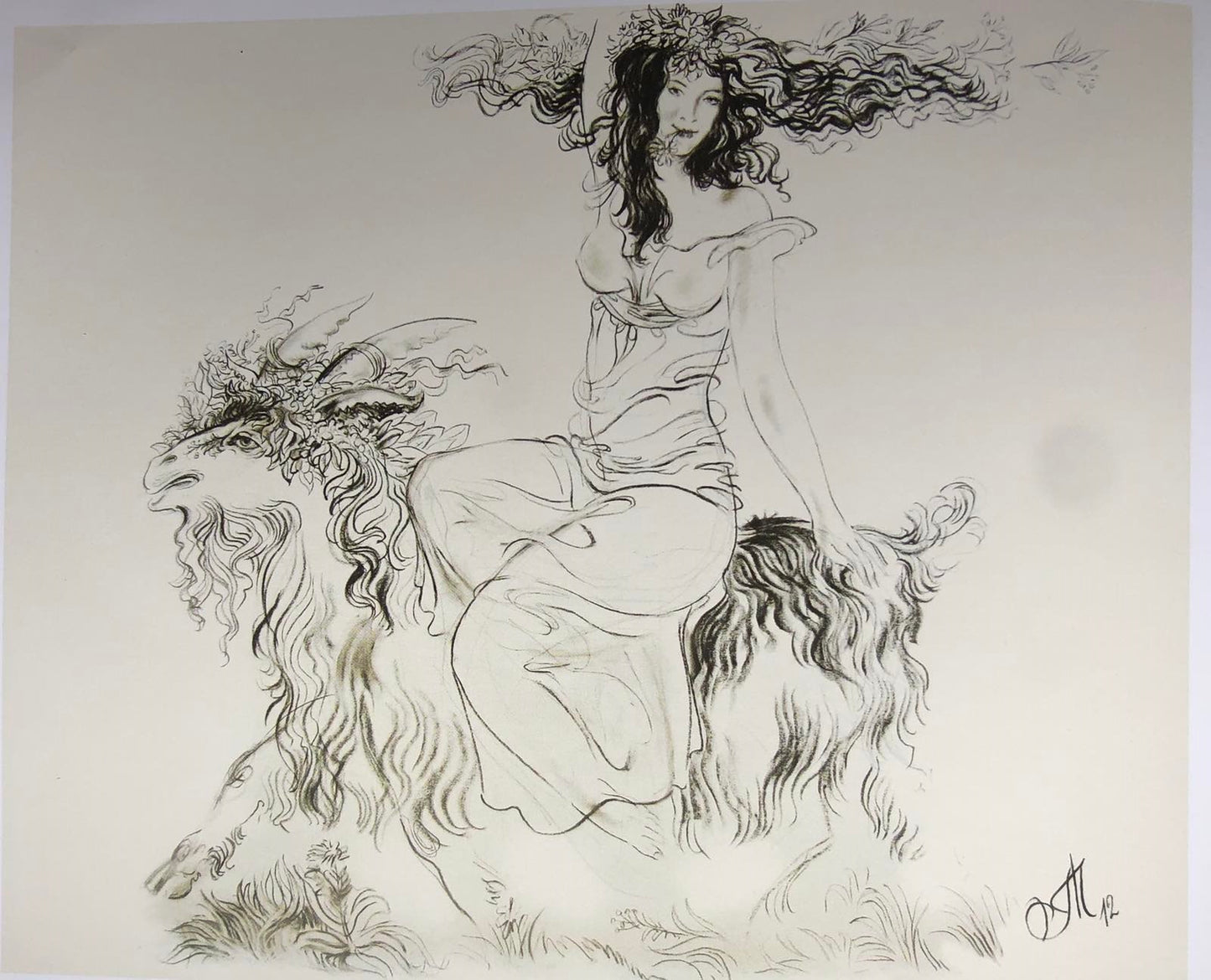 Signed pencil sketch by Andriy Chebykin: woman on goat with floral wreaths