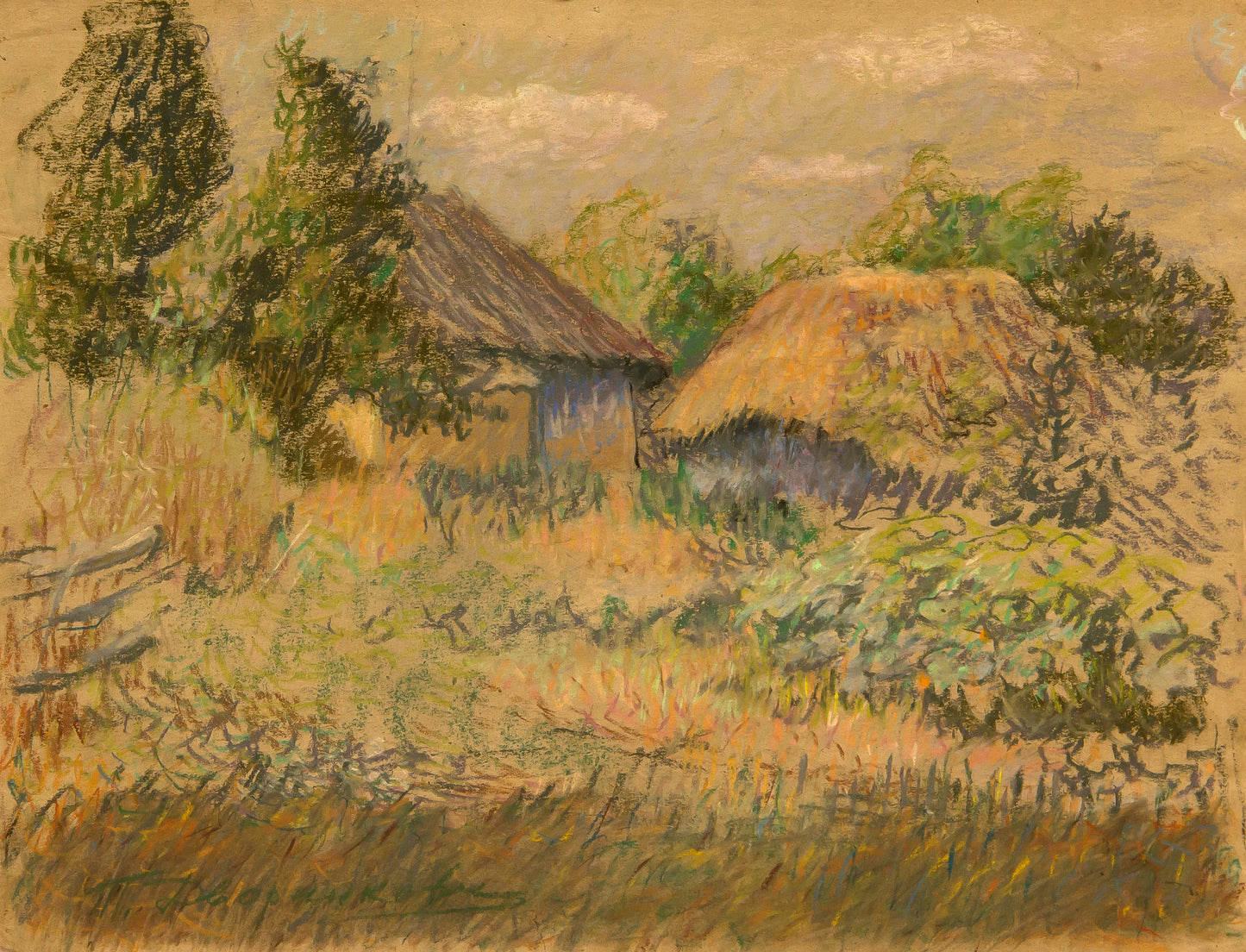 Collectible rustic thatched cottage landscape by Tyt Yakovych Dvornikov